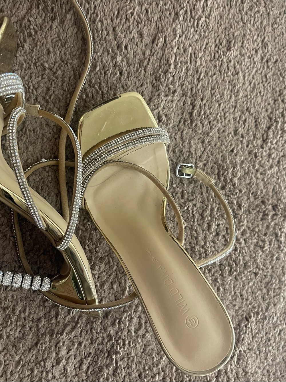 Gold Rhinestone Strappy Heels with Ankle Wrap